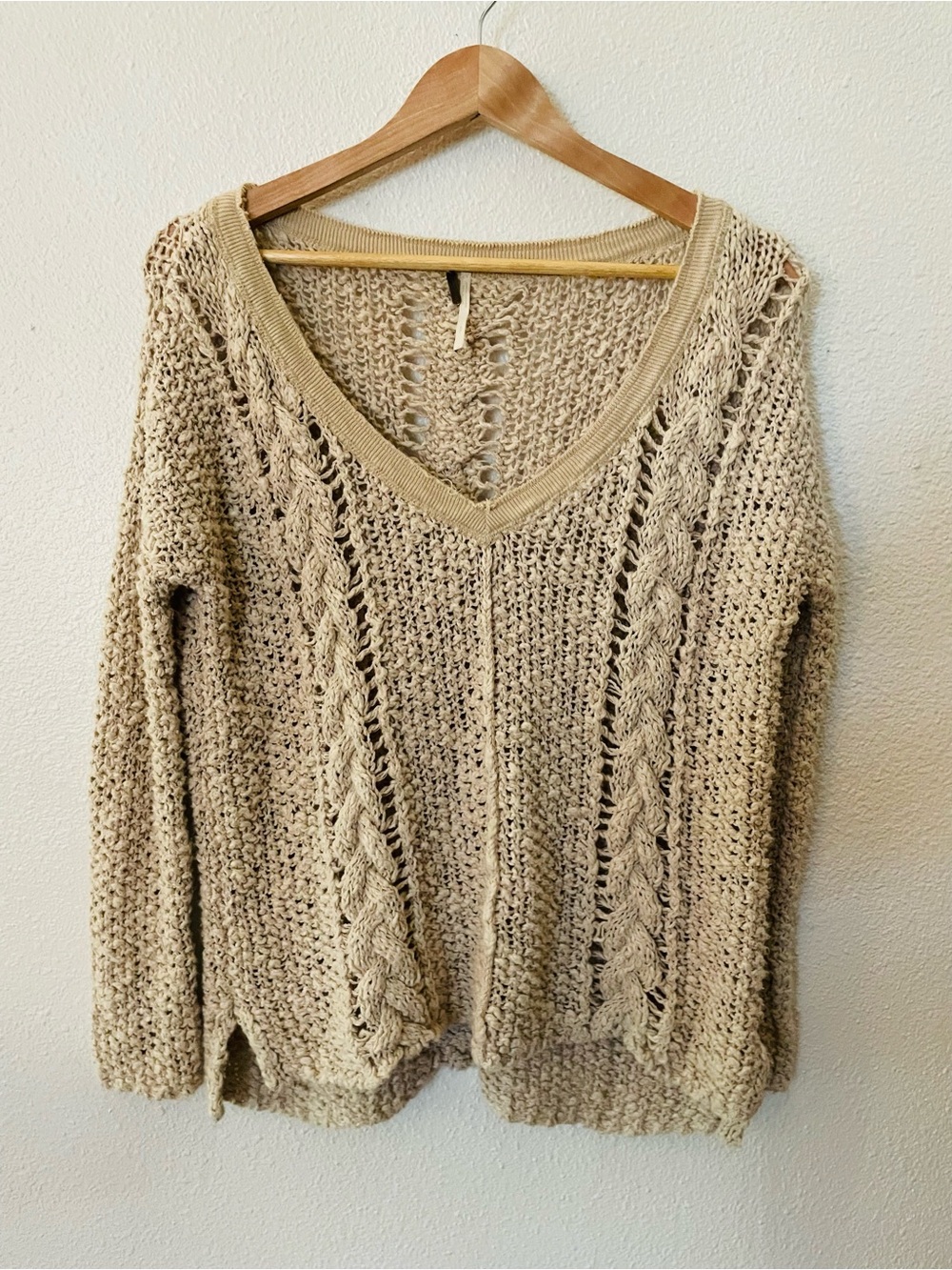 Free People Open Knit V-Neck Cable Sweater — Cream Size Small